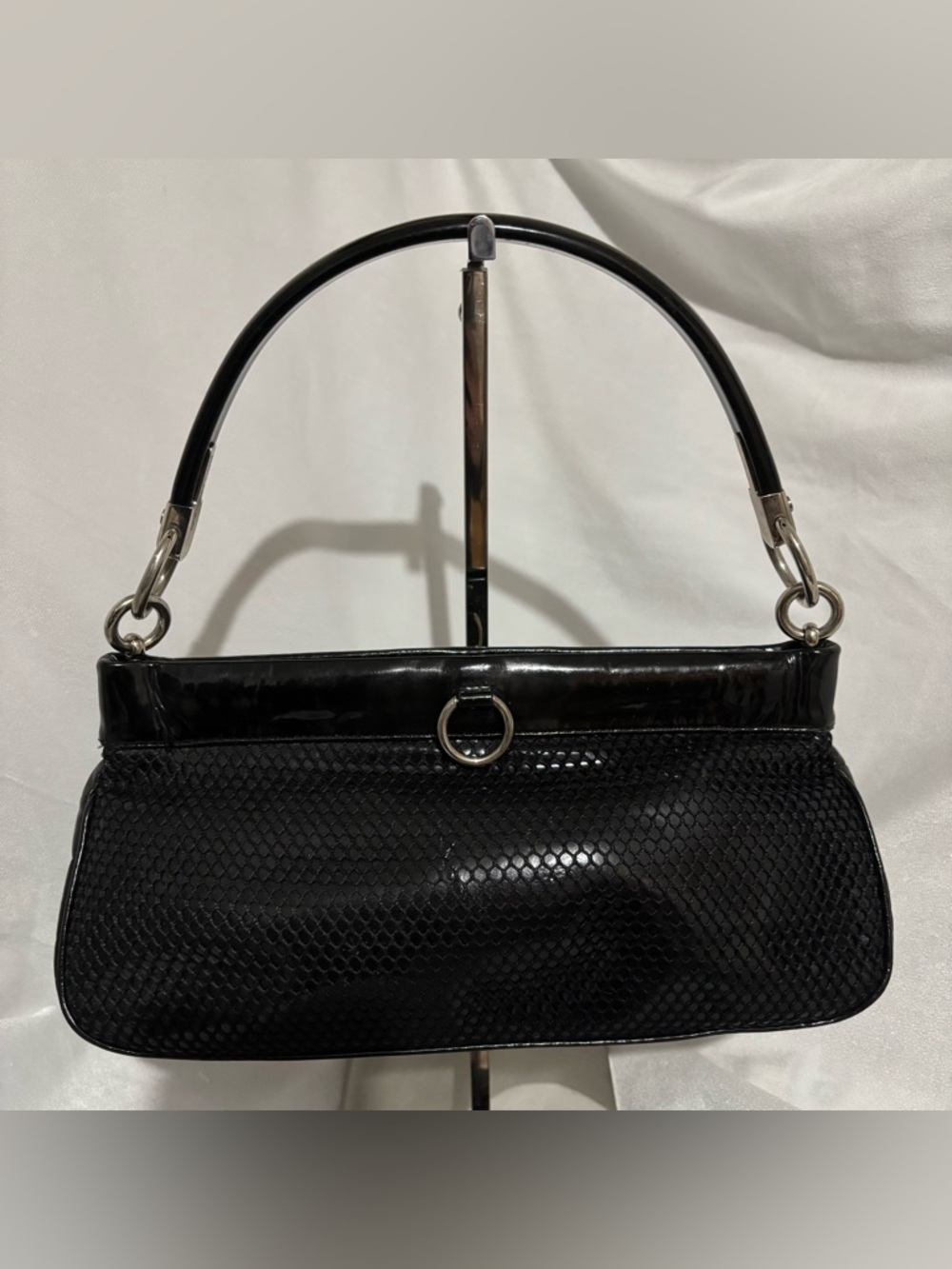 Sergio Rossi Vintage 90s Black Mesh Baguette Hobo Bag Silver O-Ring Detail - Picture 5 of 14